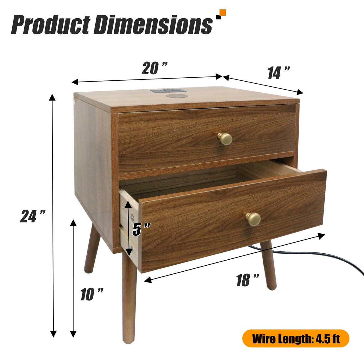 Wooden Nightstand with Wireless Charging and LED Light - 20" W x 14" D x 24" H Mid Century Modern Walnut Nightstand with Charging Station, Large Bedside Table with Storage Drawers, Outlet on Top Caredear