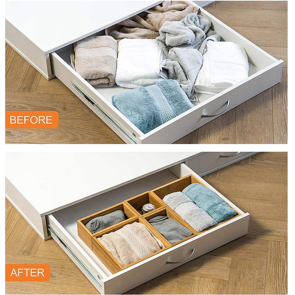 Lawei Set of 5 Bamboo Drawer Organizer Boxes, Desk Storage Box Kit, Drawer Storage Containers Tray Bins for Office, Kitchen, Bedroom, Children Room, Craft, Sewing Lawei