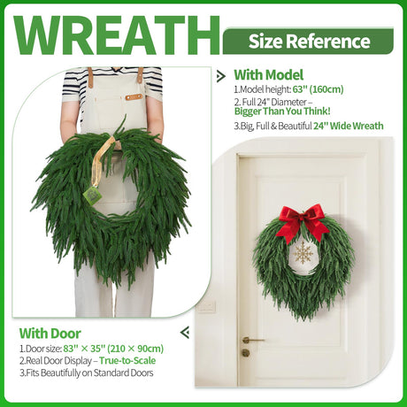 24" Norfolk Pine Christmas Wreath for Front Door – Large Artificial Greenery Wreath for Wall, Porch, or Indoor Outdoor Holiday Decor – Real Touch Pine Foliage (1, 24") QIANYUN