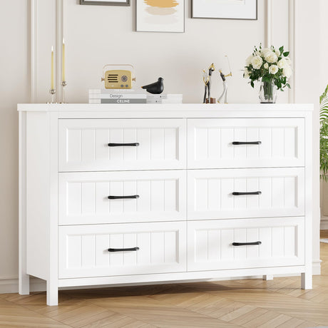 Jocoevol White Farmhouse 6 Drawer Dresser for Bedroom - Large Double Dressers TV Stand with Deep Drawers Dressers for Hallway, Entryway - Off White Jocoevol