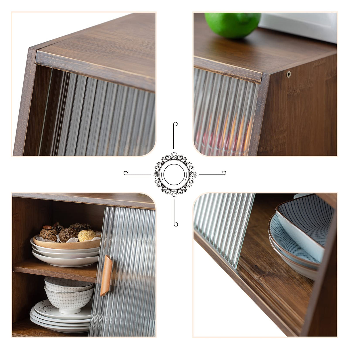 HollyHOME Small Bamboo Kitchen Pantry Sideboard with 2 Sliding Striped Glass Doors, Freestanding Countertop Storage Cabinet for Bottles, Dish, Bowl, Console Dining Cupboard, Walnut HollyHOME