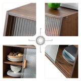 HollyHOME Small Bamboo Kitchen Pantry Sideboard with 2 Sliding Striped Glass Doors, Freestanding Countertop Storage Cabinet for Bottles, Dish, Bowl, Console Dining Cupboard, Walnut HollyHOME