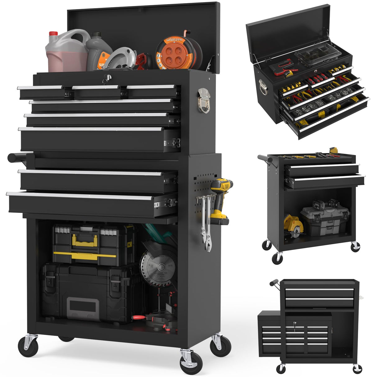 Wanmwill Tool Chest, 8-Drawer Rolling Tool Storage Cabinet with 2 in 1 Detachable Top Tool Box, Liner, Lockable Wheels, Side Hooks, Locking Mechanism, Metal Tool Cart for Garage (Black) Wanmwill