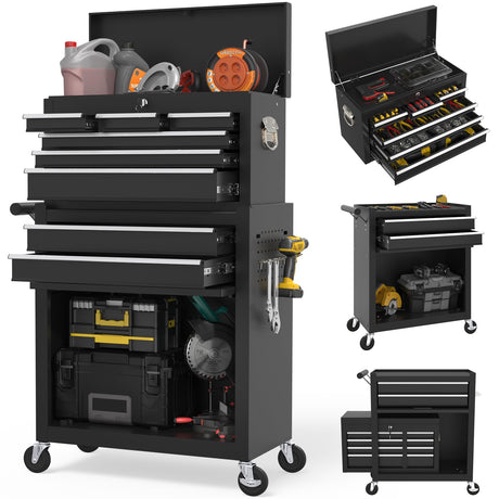 Wanmwill Tool Chest, 8-Drawer Rolling Tool Storage Cabinet with 2 in 1 Detachable Top Tool Box, Liner, Lockable Wheels, Side Hooks, Locking Mechanism, Metal Tool Cart for Garage (Black) Wanmwill
