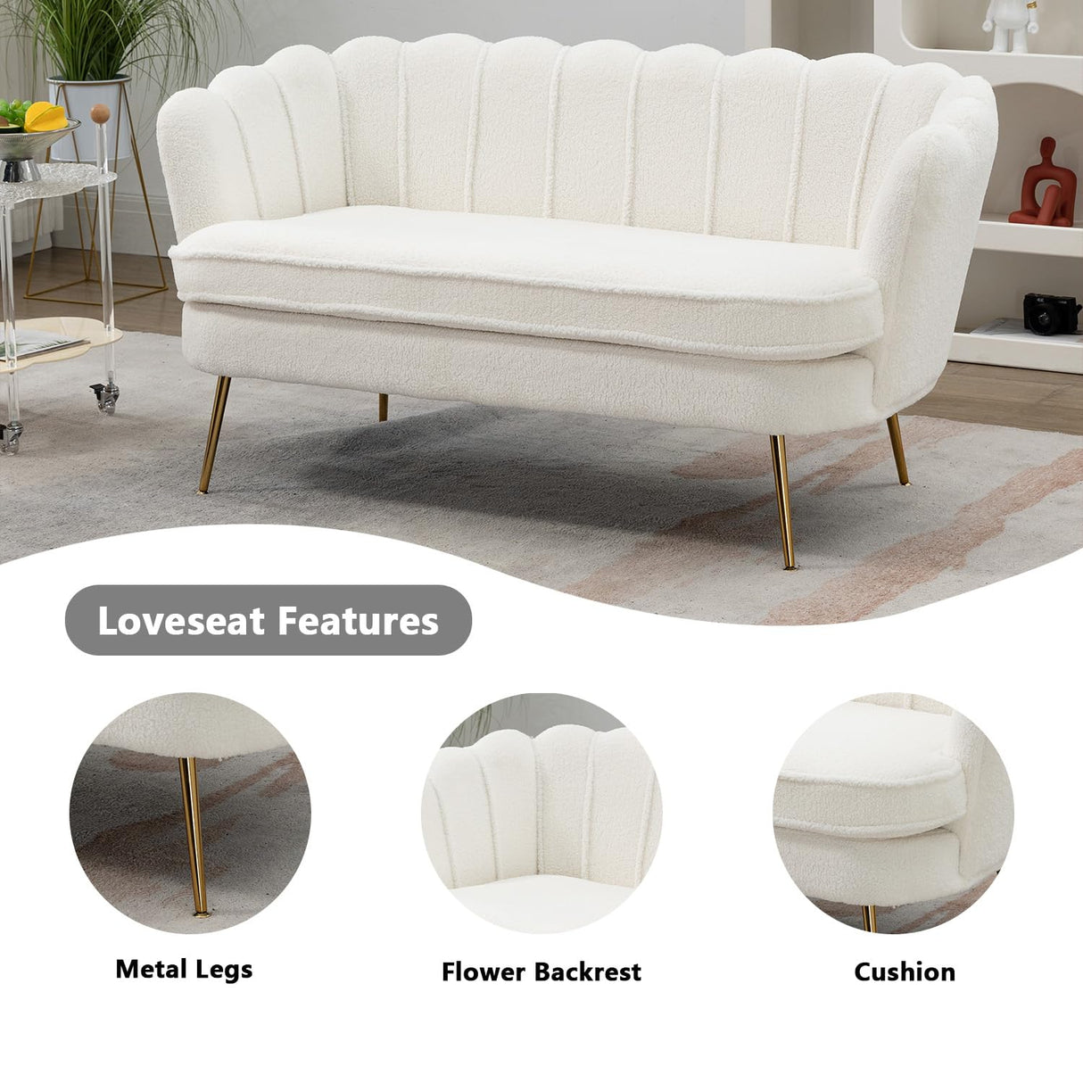 Anwick 59" Small Modern Chenille Loveseat Sofa, 2-Seater Sofa with Gold Metal Legs, Small Couch with Flower Shaped Back for Living Room Bedroom Office (Ivory) Anwick
