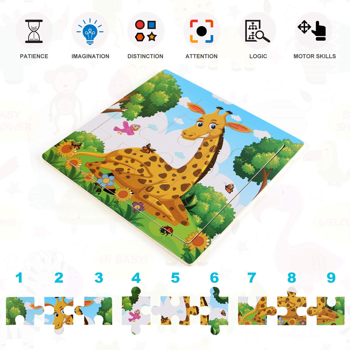 NASHRIO Wooden Puzzles for Toddlers 2-5 Years Old(Set of 6), 9 Pieces Preschool Educational and Learning Animal Jigsaw Puzzle Toy Gift Set for Boys and Girls NASHRIO