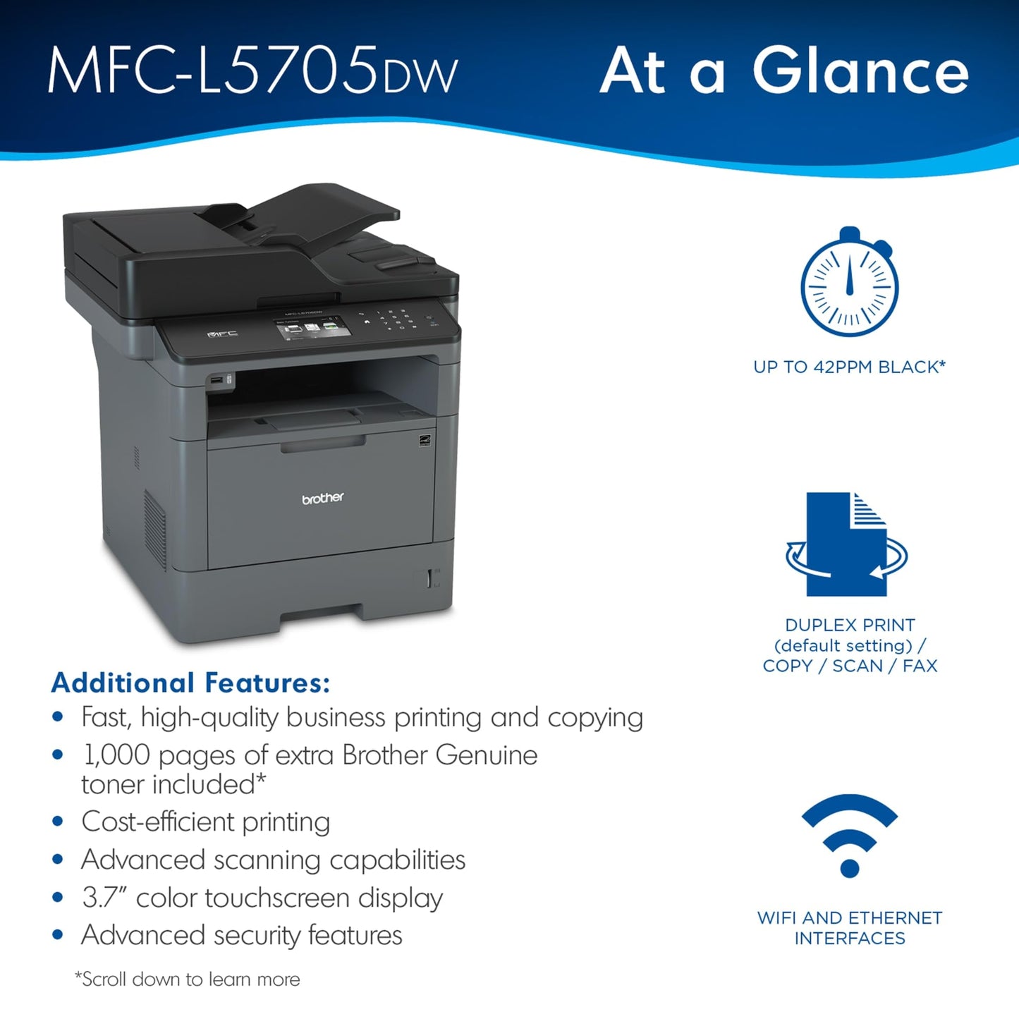 Brother MFC‐L5705DW Business Monochrome Laser All‐in‐One Printer, MFCL57000DW Value Version (MFCL5705DW), Grey