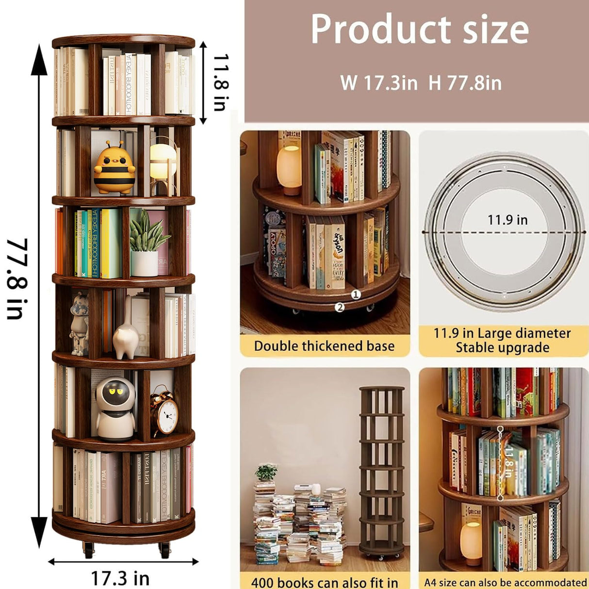 MKSDJIW 6 Tier Rotating Bookshelf, Solid Wood Spinning Bookcase Tower, 360° Spinning Book Shelf Tower for Kids, Narrow Rolling Bookshelves for Small Space, Bedroom, Office MKSDJIW