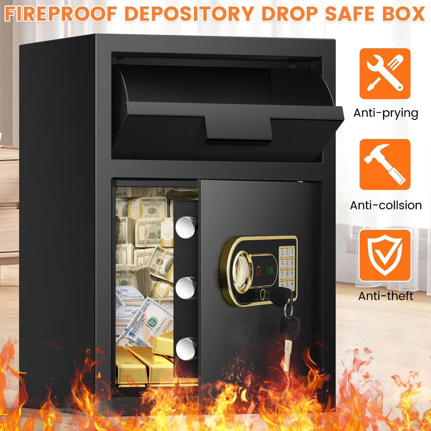 2.6 Cubic Fireproof Drop Safe for Business, Anti-Theft Drop Slot Safes for Money with Digital Combination Lock & Spare Keys, Cash Depository Safe with Drop Box for Home Retail Store Busines