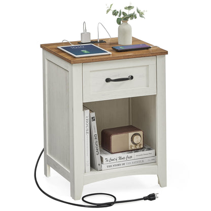 VASAGLE Farmhouse Nightstand with Charging Station, Bedside Table with Drawer, Open Compartment, Side Table with Storage, for Bedroom, Rustic White