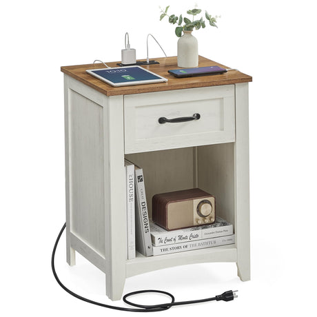 VASAGLE Farmhouse Nightstand with Charging Station, Bedside Table with Drawer, Open Compartment, Side Table with Storage, for Bedroom, Rustic White VASAGLE