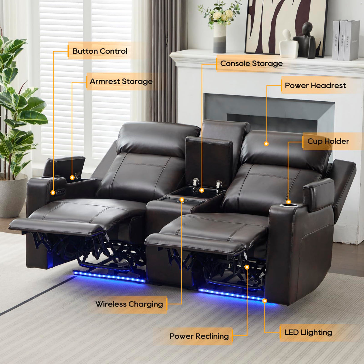 P.H.Furn Power Loveseat Recliner Sofa, Home Theater Seating with Adjustable Headrest, Blue LED Lighting, Reclining Loveseat, Storage, Cup Holder, USB, Charging P.H.Furn