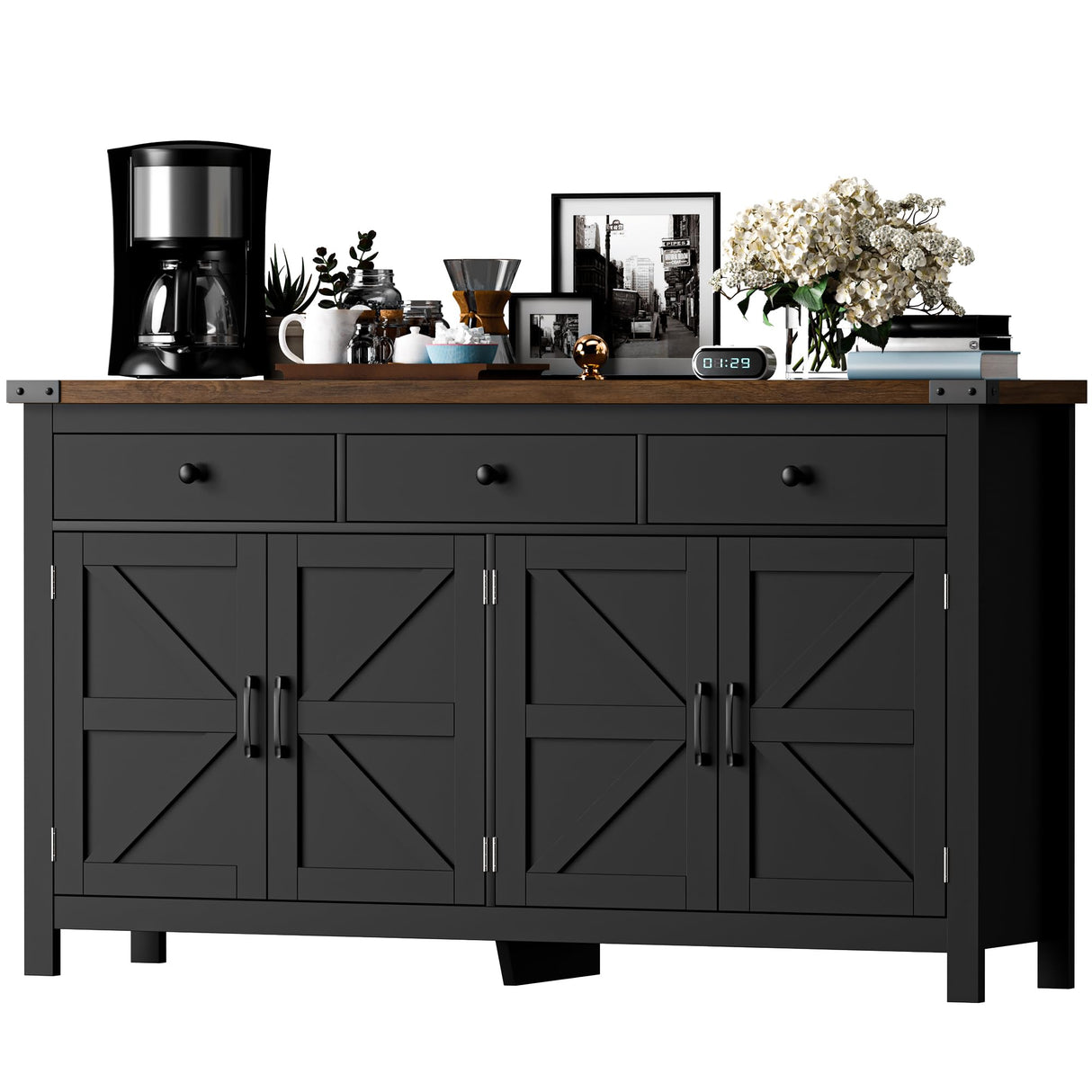VVFLU 63" Sideboard Buffet Cabinet with Storage, Coffee Bar with 3 Drawers and 4 Barn Doors, Long Wider Storage Cabinet Modern Farmhouse, Black Wood, for Kitchen, Dining Room, Living Room VVFLU