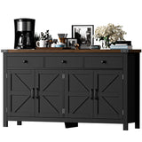 VVFLU 63" Sideboard Buffet Cabinet with Storage, Coffee Bar with 3 Drawers and 4 Barn Doors, Long Wider Storage Cabinet Modern Farmhouse, Black Wood, for Kitchen, Dining Room, Living Room VVFLU