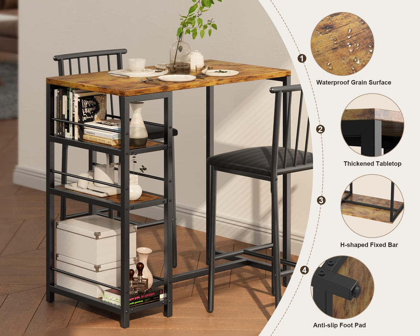 Gizoon Retro Dining Table Set for 2 with 3 Storage Shelves and PU Cushion Chairs - WoodArtSupply