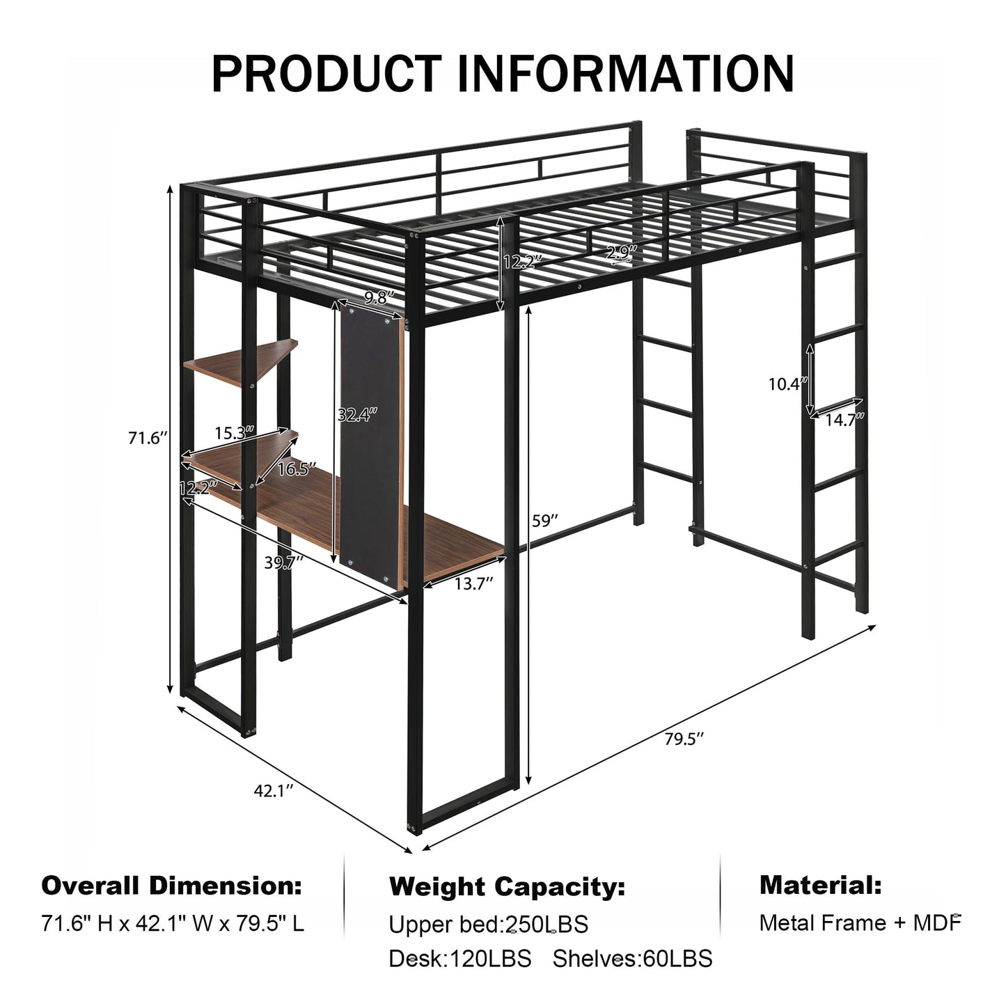 Merax Black Twin Metal Loft Bed with Desk and Shelves, Noise-Free Design - WoodArtSupply