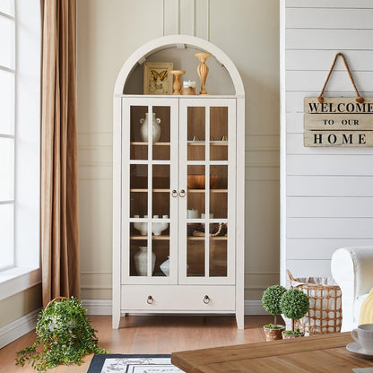 Farmhouse Arched Cabinet with Glass Doors, Wood Display Cabinet with Drawer and Adjustable Shelves, 71” Kitchen Pantry Tall Bookshelf Modern China Cabinet for Living Room,Office (Antique White)