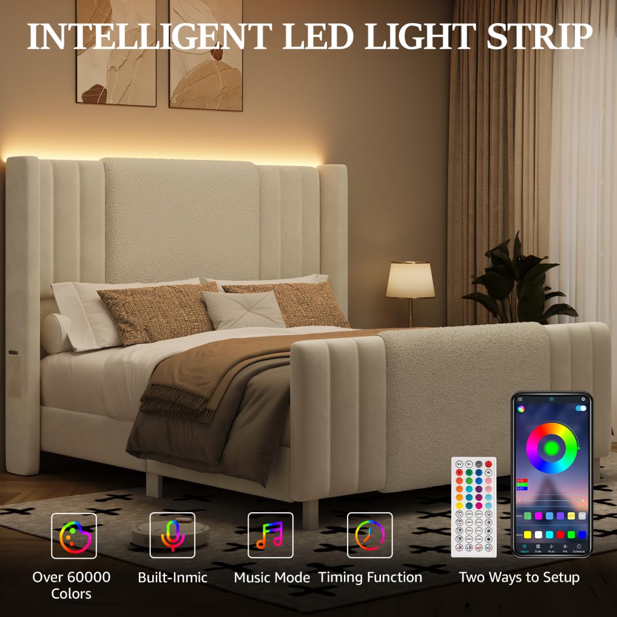 Lihimte Queen Size Bed Frame with Tall Headboard and Footboard, Boucle and Velvet Upholstered Bed Frame Queen with LED Lights, Modern Platform Bed Frames, Noiseless, Easy Assembly, White Lihimte