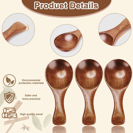 Hefild 6pcs Small Wooden Spoons, 3.2inch Small Wooden Spoons for Honey, Brown Mini Wood Teaspoons for Tiny Eating Ice Cream Jars Spice Condiments Tea Bath Salt Coffee Sugar Jam Mustard Seasoning Hefild