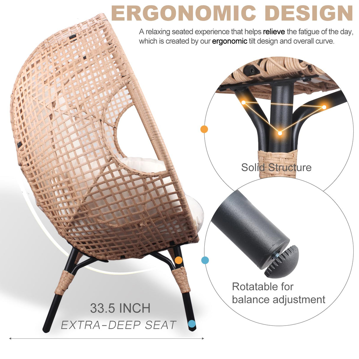 CHINNLUU Outdoor Egg Chair Wicker Oversized Egg Basket Chair with Stand Lounger Chairs with Cushion 500lbs Capacity for Patio Garden Backyard Balcony CHINNLUU