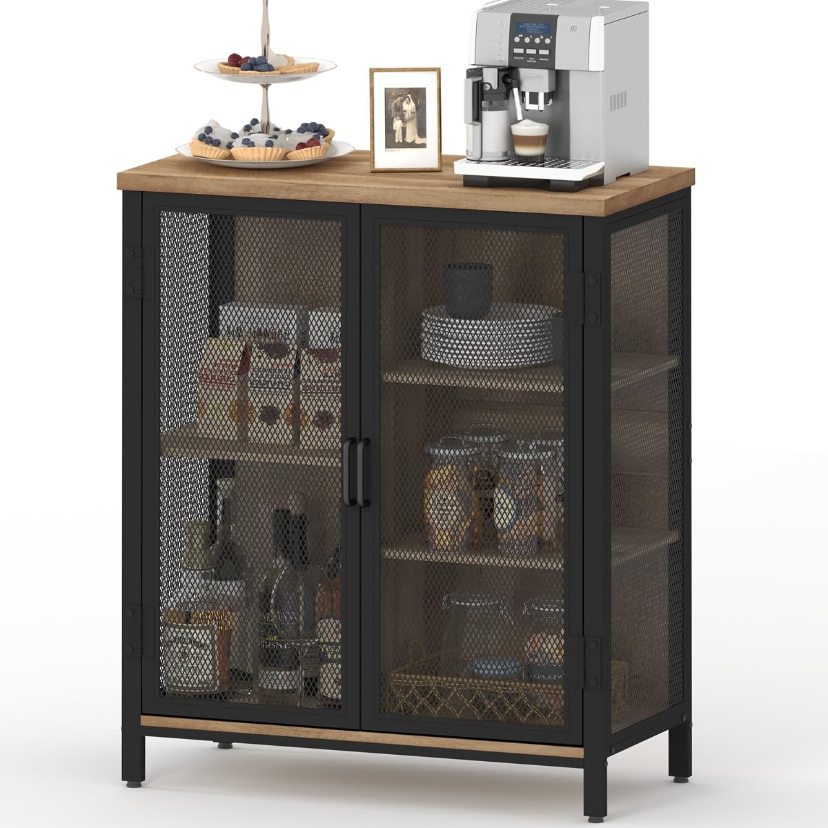 Rustic Vintage Oak Coffee Bar Cabinet with Versatile Storage for Home