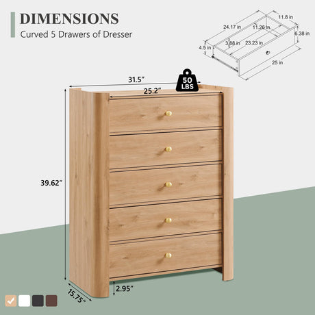 IFGET Modern 5 Drawer Dresser for Bedroom, Wooden Chest of Drawers with Curved Profile Design, 39.6" Tall Wood Dresser with Golden Metal Handle for Bedroom, Living Room, Hallway, Natural IFGET