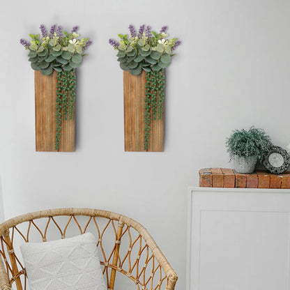 Wood Wall Planters 2 Pack with Artificial Greenery Plants - Pocket Wall Vases for Dried Flowers - Wood Wall Decor Hanging Planters for Living Room, Bedroom, Home Decor - Brown