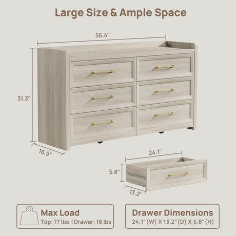 SICOTAS 6 Drawer Dresser for Bedroom-56.4" Extra-Wide Wooden Chest of Drawers with Large Storage, Long Dresser TV Stand with Drawers, Farmhouse Closet Dressers for Nursery Living Room, Grey White Oak SICOTAS