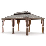 Joyside 12' X 18' Double-Tier Hardtop Gazebo, Aluminum Metal Gazebo with Iron Material Roof, Curtain and Netting, Permanent Gazebo Pavilion for Patio, Backyard, Deck, Lawn Joyside