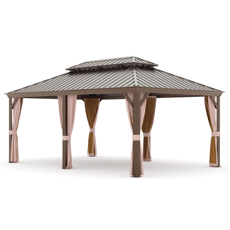 Joyside 12' X 18' Double-Tier Hardtop Gazebo, Aluminum Metal Gazebo with Iron Material Roof, Curtain and Netting, Permanent Gazebo Pavilion for Patio, Backyard, Deck, Lawn Joyside