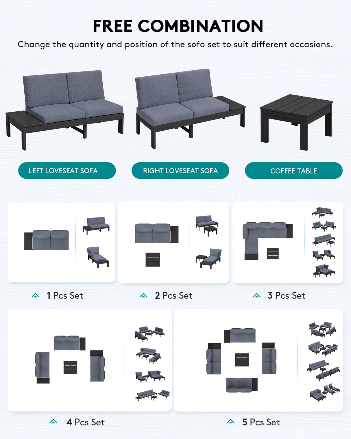 SERWALL HDPE Patio Furniture Set, All-Weather Outdoor Sofa Set, Seats 4, Patio Conversation Set, Modular Outdoor Sectional Furniture for Garden, Porch and Backyard, Black Frame with Grey Cushion SERWALL