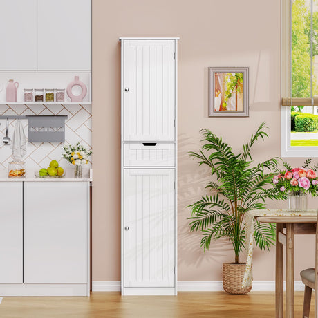 Iwell Tall Bathroom Cabinet, Storage Cabinet with 2 Doors & 1 Drawer, Freestanding Linen Cabinet with Adjustable Shelves, Floor Cabinet for Bathroom, Living Room, Home Office, White Iwell