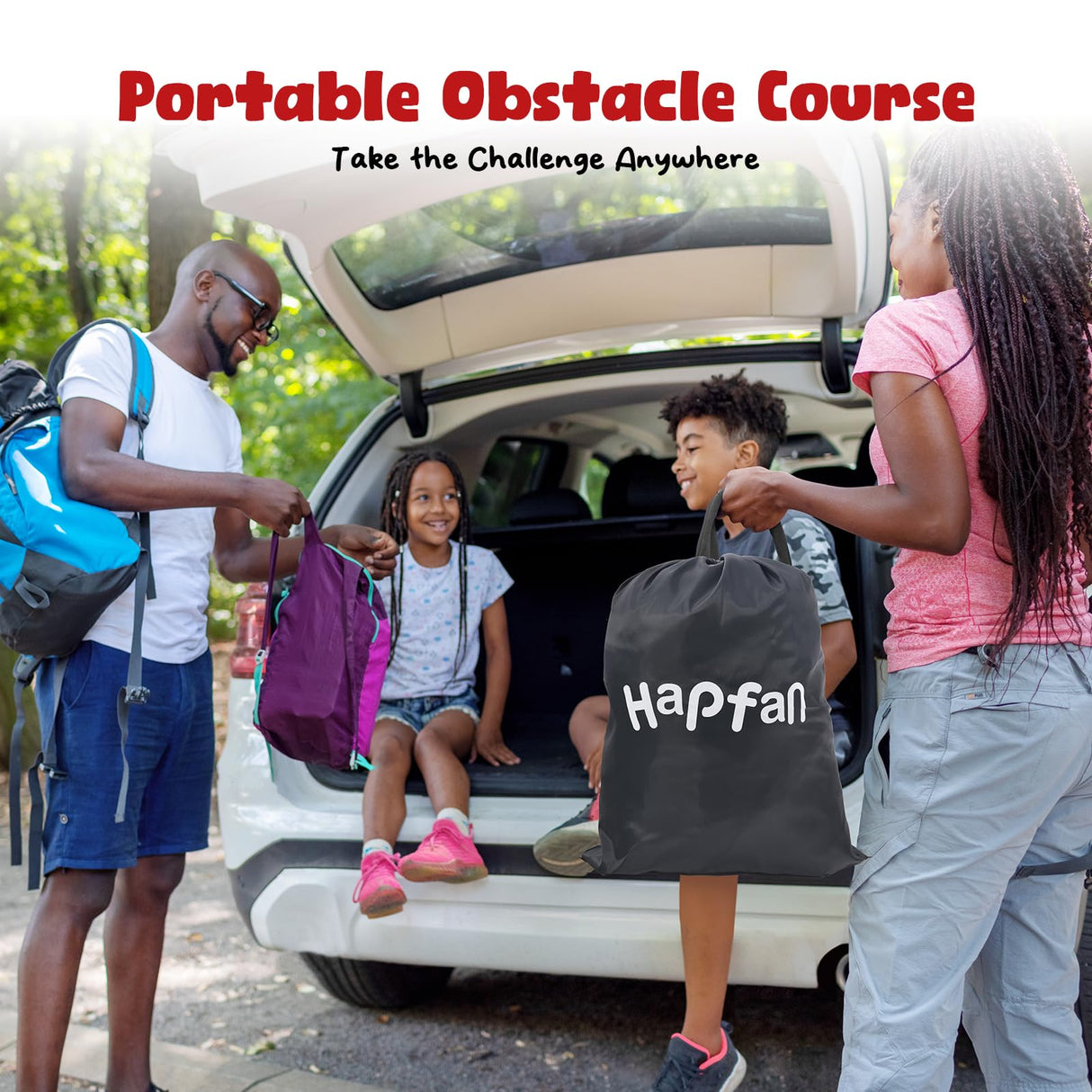 Hapfan Ninja Warrior Obstacle Course for Kids with Rickety Bridge, 50 FT Slackline Kit with Weather-Proof Obstacles, Outdoor Jungle Gym Climbing Toys for Backyard Hapfan