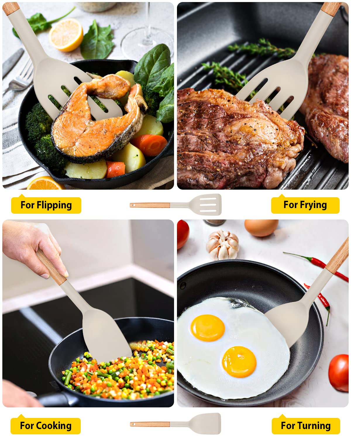 Pack of 2 Silicone Cooking Spatula, Heat Resistant Solid Turner, Non Stick Slotted Spatulas with Wooden Short Handle,Ideal Wood Kitchen Utensils Set for Frying, Baking, Flipping, Turning