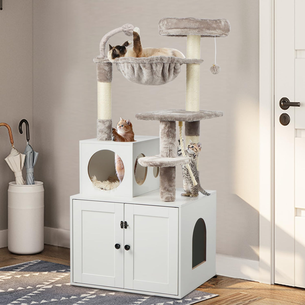 Timberer Cat Tree with Litter Box Enclosure, 2-in-1 Cat Tower for Indoor Cats, Large Cat Furniture, Wood Cat Condo with Basket, Scratching Posts, Pompoms, White Timberer