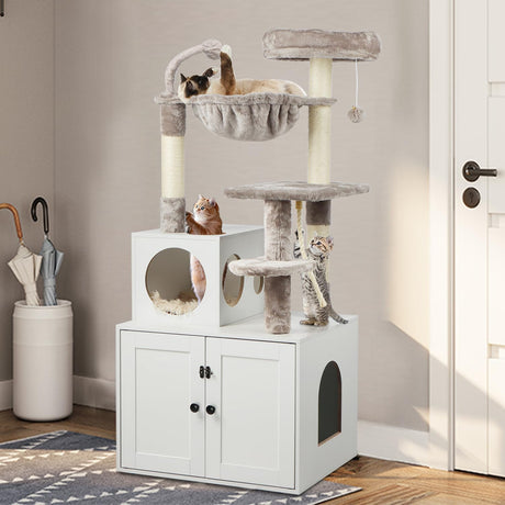 Timberer Cat Tree with Litter Box Enclosure, 2-in-1 Cat Tower for Indoor Cats, Large Cat Furniture, Wood Cat Condo with Basket, Scratching Posts, Pompoms, White Timberer