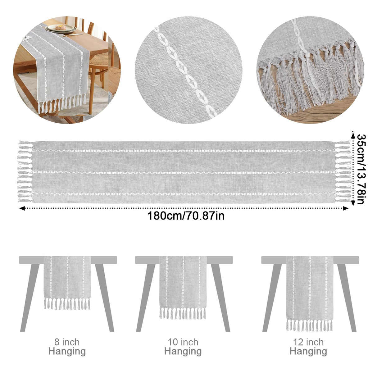 Boho Table Runner, Rustic Farmhouse Cotton and Linen Table Runner with Hand-Tassels, Elegant Kitchen Table Runner for Daily Dining Bedroom Decor and Event Holiday Party Decor 13×72 inches, Grey Vspek