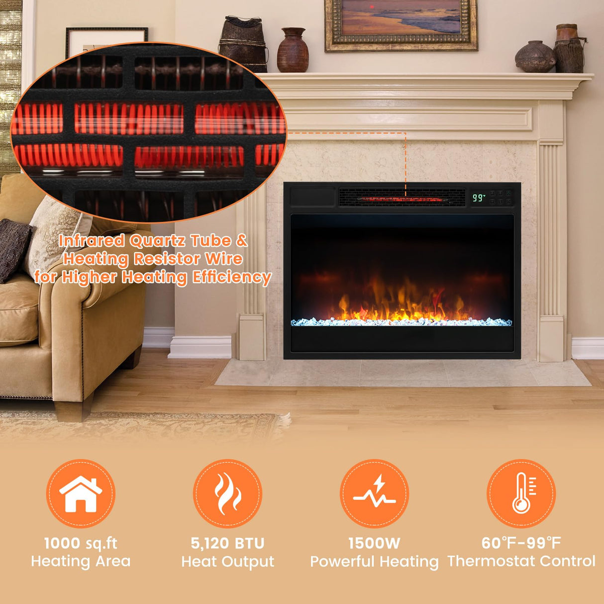COSTWAY Electric Fireplace Inserts 23-inch Wide, 1500W Recessed Fireplace Insert with Remote Control, 6 Flame Colors, 5 Brightness, 8H Timer, Overheat Protection, Infrared Fireplace Heater for Indoor COSTWAY