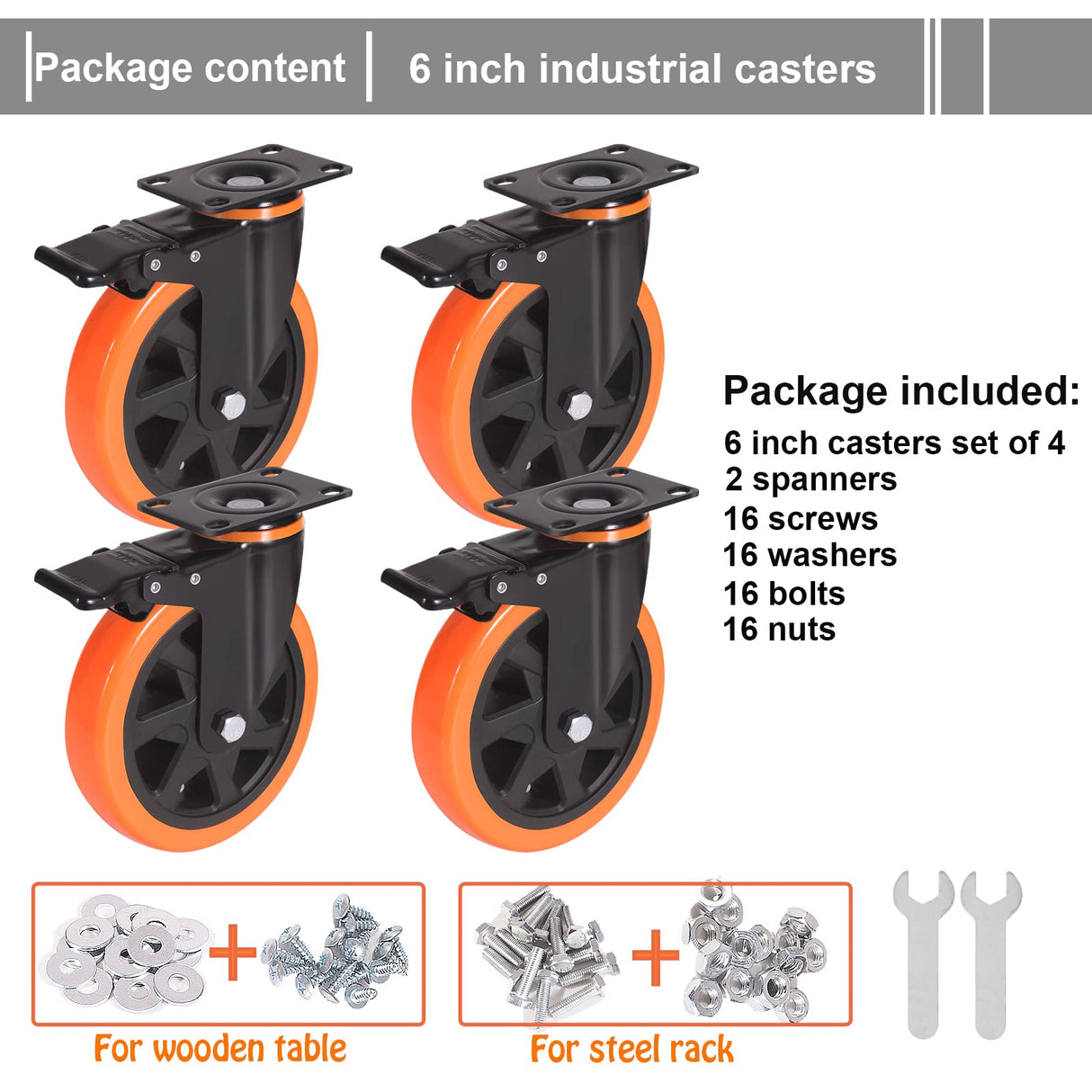 6 Inch Caster Wheels 3000 Lbs, Heavy Duty Casters Set of 4 with Brake, Safety Dual Plate Locking Industrial Casters, Silent Wheels for Cart with Polyurethane Foam (Two Hardware Kits Included) ENYKE