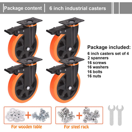 6 Inch Caster Wheels 3000 Lbs, Heavy Duty Casters Set of 4 with Brake, Safety Dual Plate Locking Industrial Casters, Silent Wheels for Cart with Polyurethane Foam (Two Hardware Kits Included) ENYKE