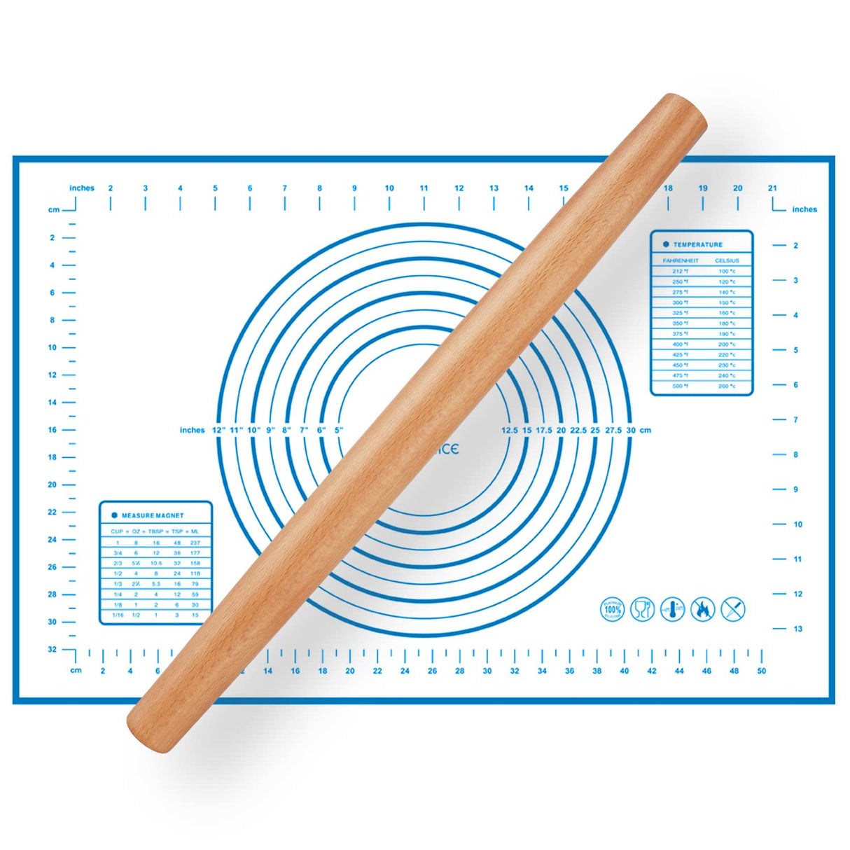 Wood French Rolling Pin for Baking, QUELLANCE Wooden Dough Roller with Silicone Baking Mat, Beech Wood Rolling Pins for Baking Dough, Pizza, Pie, Pastries, Pasta and Cookies,Blue Pastry Mat QUELLANCE