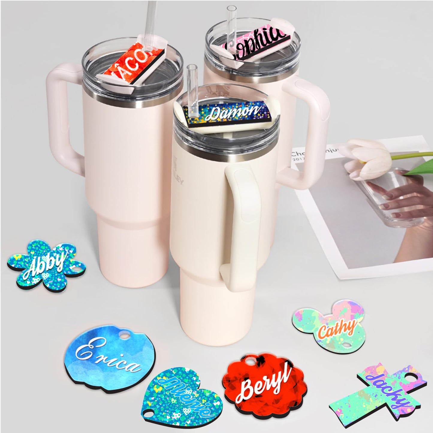 ToBeAce 30 Pcs Sublimation Hardboard Name Plate Blanks Topper for Stanley Tumblers 30 20 oz Cup Lid H2.0, MDF Personalized Name Tag for Customized Tumblers with Handle, Rec Round Hole (NOT 40)