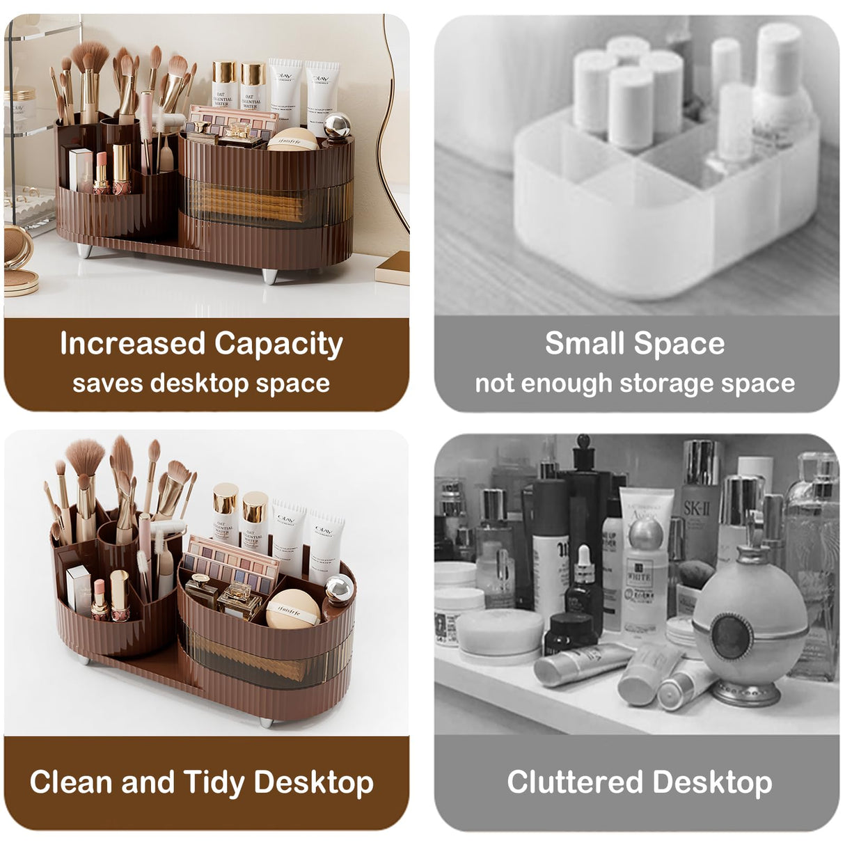 Rotating Makeup Organizer for Vanity with Brush Holder and Drawer, 3 Layer Cosmetic Makeup Storage, Large Makeup Skincare Organizer, Countertop Makeup Perfume Organizer, Lotions Display Case (Brown) COMFYROOM