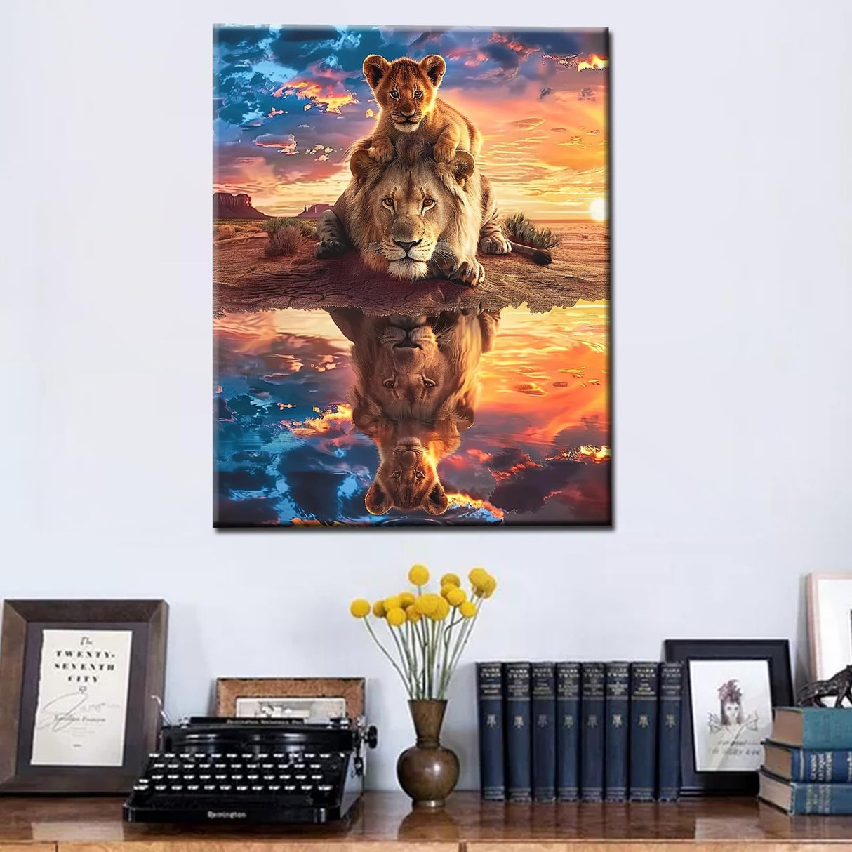 Paint by Numbers Kits for Adult DIY Reflection of Animals in Water Acrylic Pigment King of The Prairie Lion Canvas Oil Painting for Beginner Kids Home Wall Art Decor Gift 16''W x 20''H（Frameless） Aihonmin