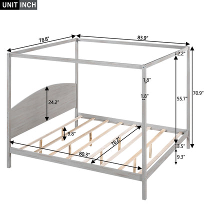 Harper & Bright Designs Grey Wash King Size Canopy Bed Frame with Headboard and Slat Support - WoodArtSupply