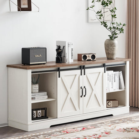 AMERLIFE 66" Farmhouse TV Stand for 75 Inches TVs, Entertainment Center with Sliding Barn Door and Adjustable Shelf & Feet, Console Table with Storage, Distressed White & Rustic AMERLIFE