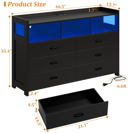Whalefall Black LED Dresser for Bedroom, 6 Drawer Dressers & Chests of Drawers with Power Strip, Modern Dressers Wooden Storage Cabinet for Adults, Kids Whalefall