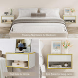 4ever2buy Floating Nightstand Set of 2, Modern Wall Mounted Nightstand with Open Shelf and Fluted Drawer, White and Gold Night Stand for Bedroom, White 4ever2buy