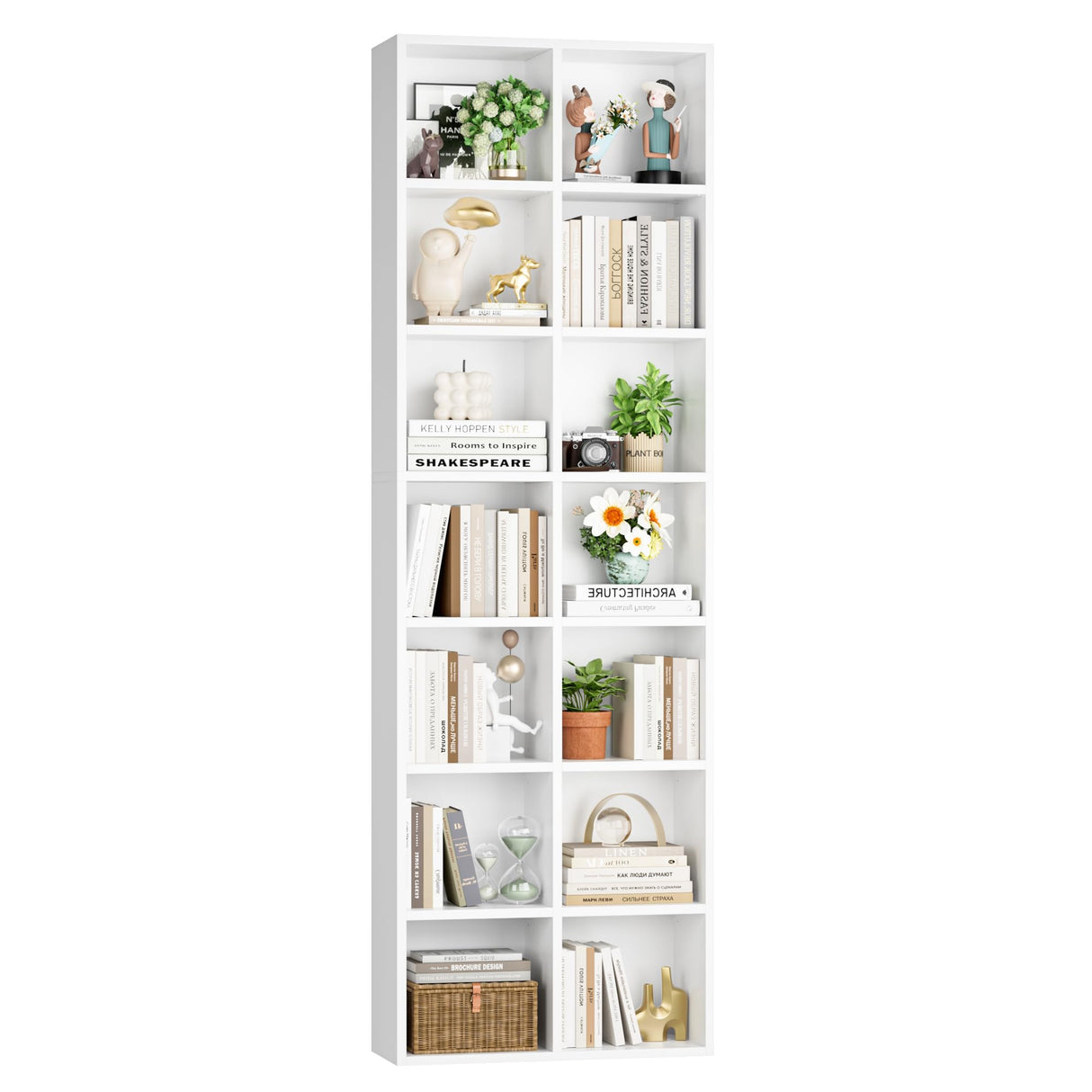 FOTOSOK 71'' Tall Bookshelf, Double Wide Media Tower Rack CD DVD Rack Display Cabinet with Adjustable Shelves, Tall Narrow Bookcase White Bookshelf Cube Shelf for Home Office, White FOTOSOK