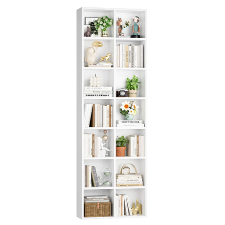 FOTOSOK 71'' Tall Bookshelf, Double Wide Media Tower Rack CD DVD Rack Display Cabinet with Adjustable Shelves, Tall Narrow Bookcase White Bookshelf Cube Shelf for Home Office, White FOTOSOK